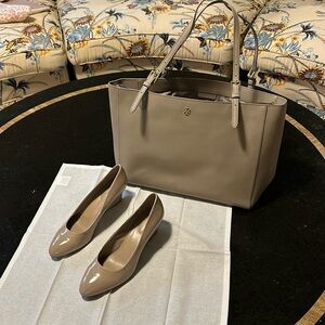 Tory Burch Computer Laptop Tote Dove Grey Tan Taupe (Shoes not included)